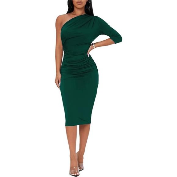 Dresses & Skirts - HOT One Shoulder 3/4 Sleeve Cocktail Party Ruched Midi Dress - New Green
